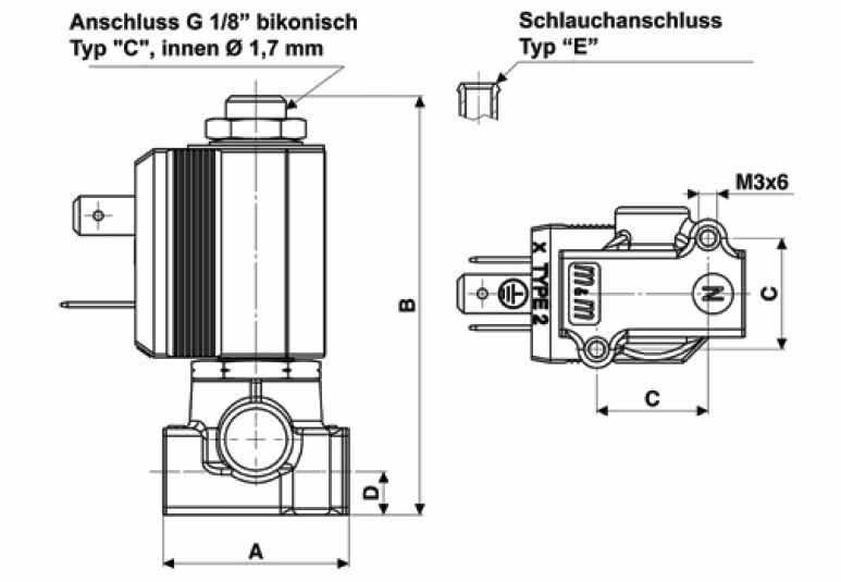 3-Wege Magnetventil, G 1/8", Messing, stromlos geschlossen, direktgesteuert