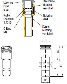 Schlauchtülle Push-In, O.D. Schlauch 4mm, Steckanschluss 6mm