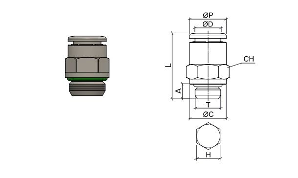 Männlicher Verbinder mit BSPP und metrischem Gewinde , O.D. Schlauch 4 mm, Außengewinde M5x0,8