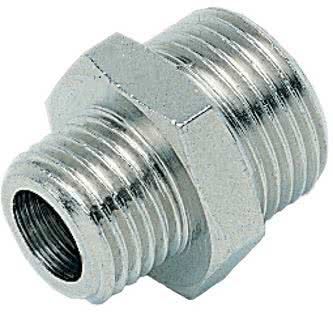 Gewindefitting, Doppelnippelverschraubung zylindrisch, Messing vernickelt, G 3/8 AG x G 1/2 AG