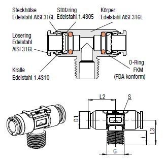 941X44M-4FF-1/8K T-Verbinder Push-In, O.D. Schlauch 4,0 mm, Außengewinde R  1/8
