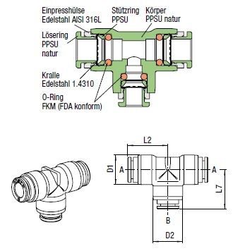T-Verbinder Push-In, O.D. Schlauch 4,0 mm, O.D. Schlauch 4,0 mm