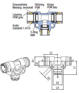 T-Steckanschlussverbinder Push-In, O.D. Schlauch 4 mm, O.D. Schlauch 4 mm