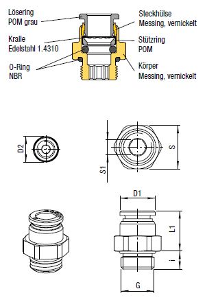 Gerader Verbinder Push-In, O.D. Schlauch 6mm, Aussengewinde G 1/8