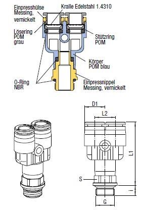 Y-Steckanschlussverbinder Push-In, O.D. Schlauch 4 mm, Aussengewinde G 1/8
