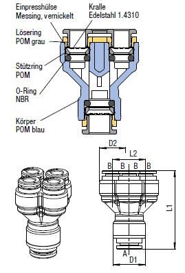 Steckanschlussverbinder Push-In, O.D. Schlauch 6 mm, O.D. Schlauch 6 mm