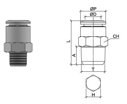 Gerader Steckanschlussverbinder aus Edelstahl AISI 316L mit BSPT-Aussengewinde, O.D. Schlauch 4 mm, Aussengewinde R 1/8”