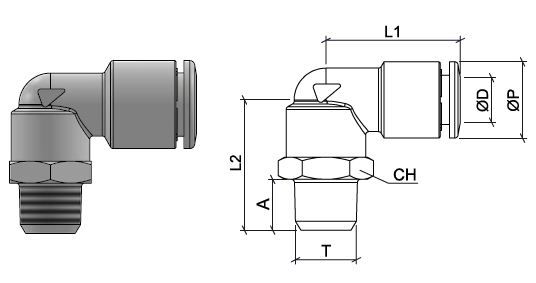 L-Steckanschlussverbinder aus Edelstahl AISI 316L mit BSPT-Aussengewinde, O.D. Schlauch 4 mm, Aussengewinde R 1/8”