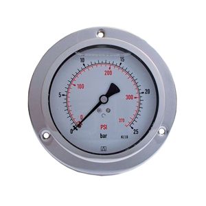 Glycerinmanometer mit 3-Loch-Flansch und Inox-Gehäuse AISI 304, Feder aus Kupferlegierung und Nabe aus Messing, BSPP-Gewinde, gemäß Richtlinie EN 837-1 / 7,6